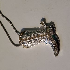 Fashion silver tone, jewel embellished, Cowgirl boot necklace